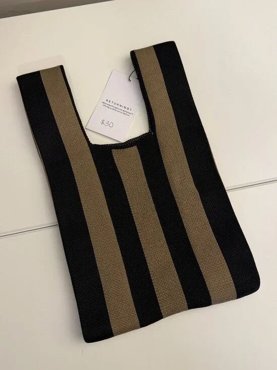 Reusable Vertical Stripes Tote - Black Khaki - Picture 8 of 8